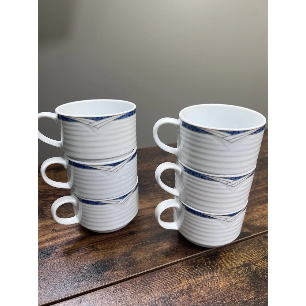 Lot Of 6 Contemporary Noritake Tea Cups Arctic Blue Ribbed Very Nice